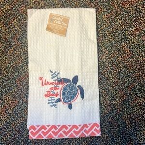 Embroidered Waffle Towel. White Towel with a Turtle & “Unwind at the Beach”